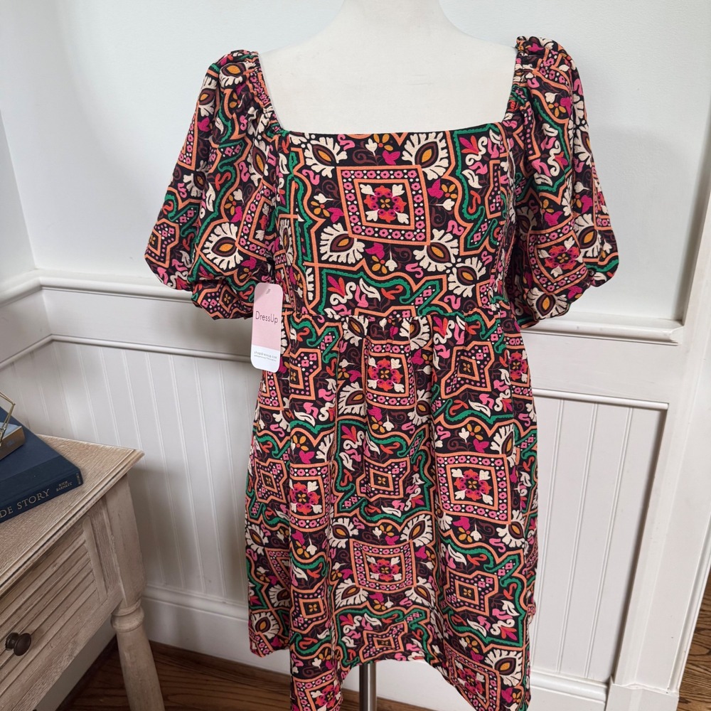Hudson Gray Womens Black Geometric Floral Puff Sleeve Mini Dress L NEW